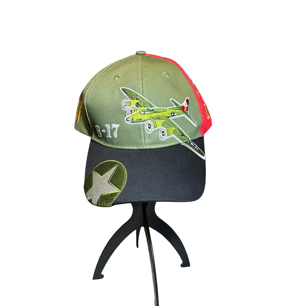 B-17 Flying Fortress Bomber Hat Green Red Bombs Away Military Aviation Cap